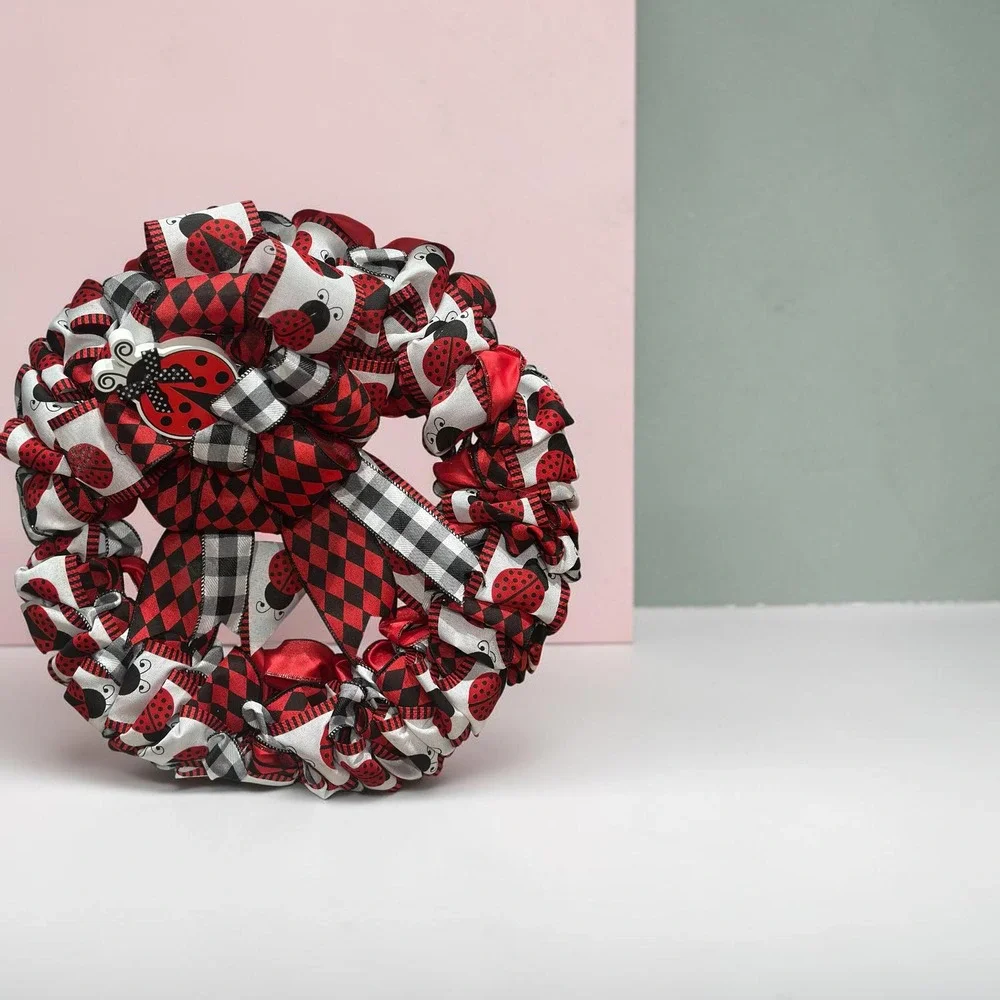Handmade Ribbon Ladybug Wreath: Vibrant Red Black Decor